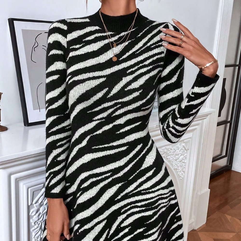 Black & White Preppy Womens Knit Zebra Striped Pattern Mock Neck Sweater Dress - Picture 2 of 5